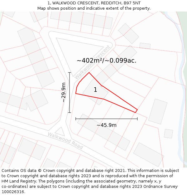 1, WALKWOOD CRESCENT, REDDITCH, B97 5NT: Plot and title map