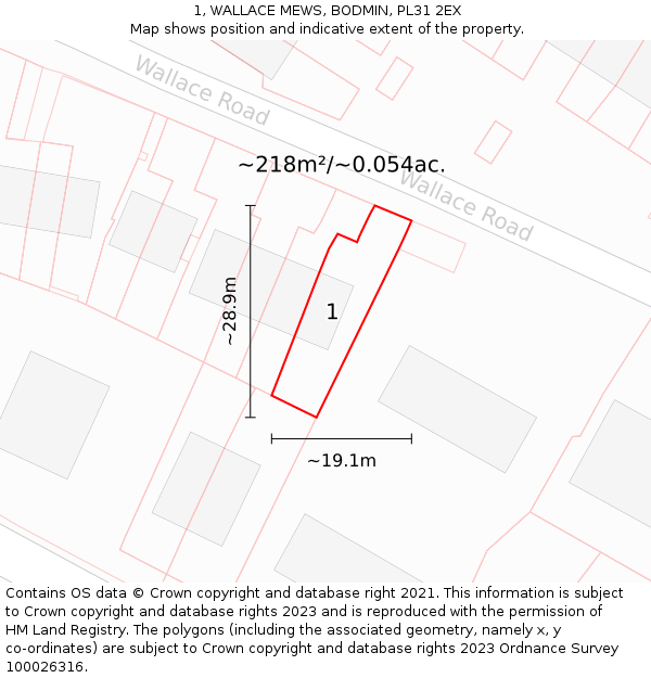 1, WALLACE MEWS, BODMIN, PL31 2EX: Plot and title map