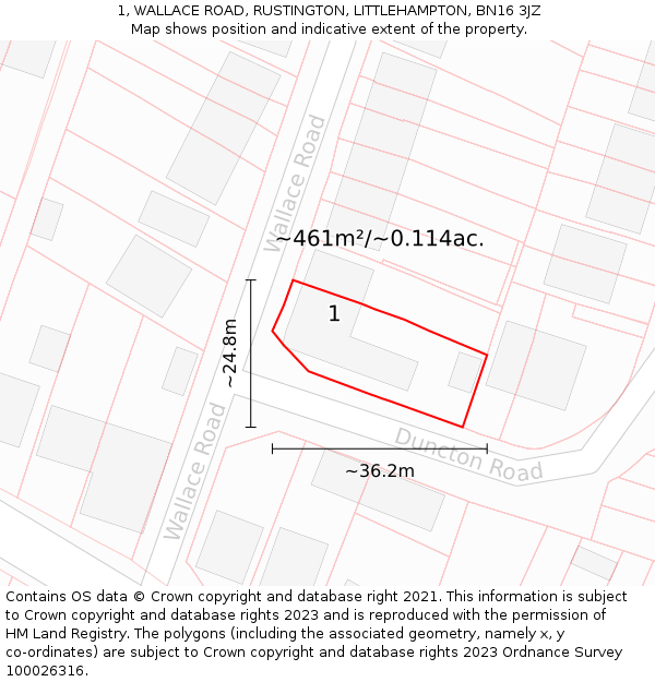 1, WALLACE ROAD, RUSTINGTON, LITTLEHAMPTON, BN16 3JZ: Plot and title map