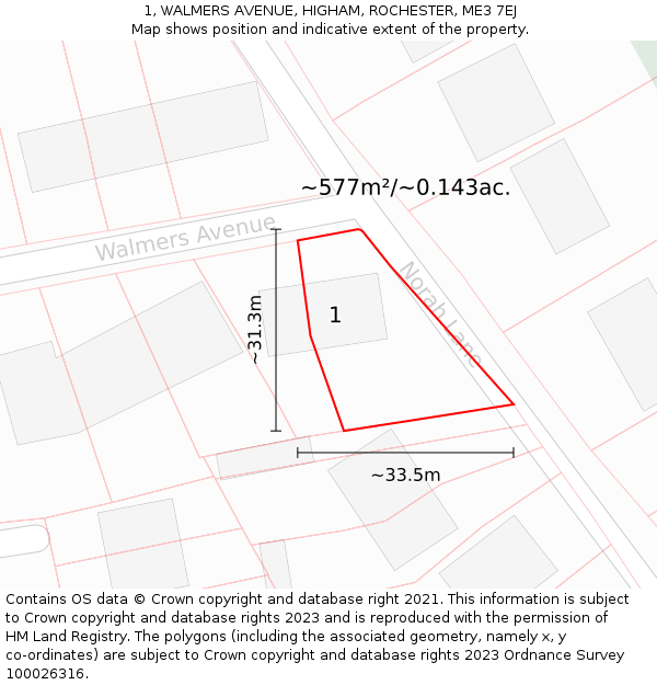 1, WALMERS AVENUE, HIGHAM, ROCHESTER, ME3 7EJ: Plot and title map