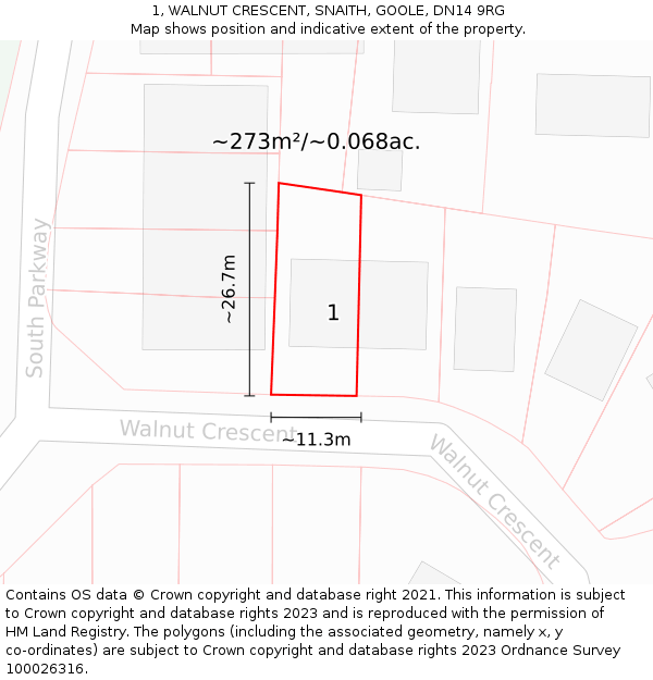 1, WALNUT CRESCENT, SNAITH, GOOLE, DN14 9RG: Plot and title map