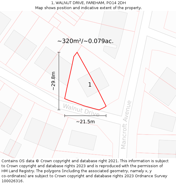 1, WALNUT DRIVE, FAREHAM, PO14 2DH: Plot and title map