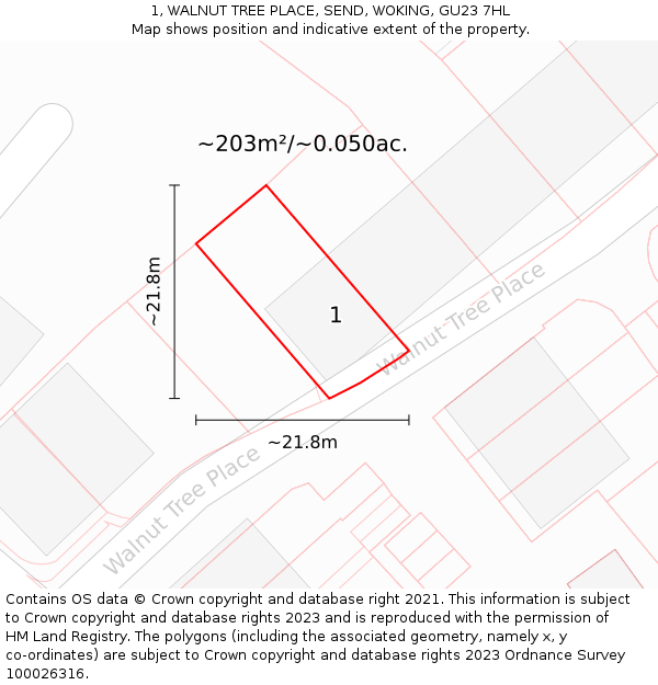 1, WALNUT TREE PLACE, SEND, WOKING, GU23 7HL: Plot and title map