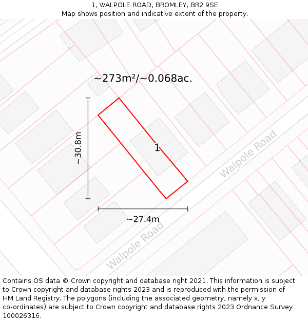 1, WALPOLE ROAD, BROMLEY, BR2 9SE: Plot and title map