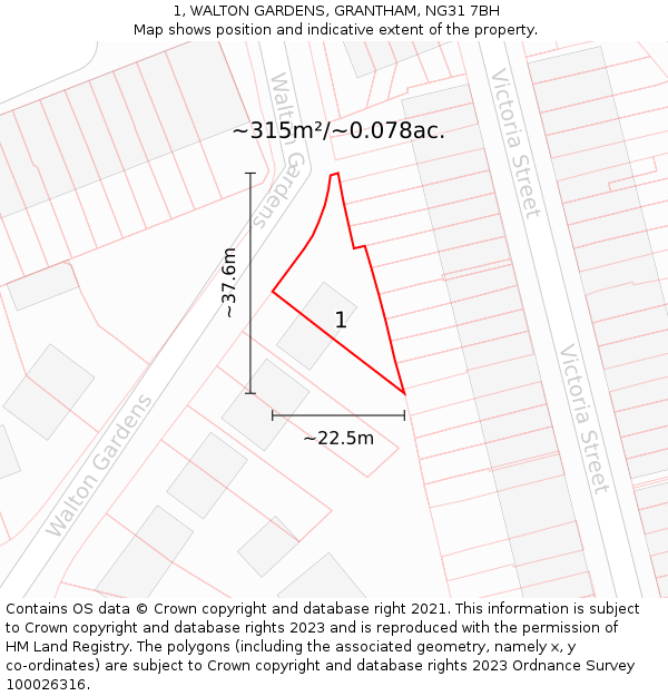 1, WALTON GARDENS, GRANTHAM, NG31 7BH: Plot and title map