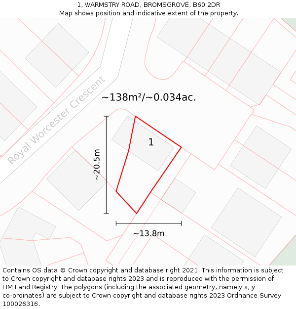 1, WARMSTRY ROAD, BROMSGROVE, B60 2DR: Plot and title map