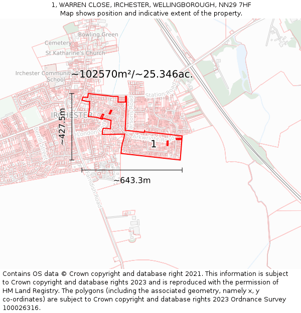 1, WARREN CLOSE, IRCHESTER, WELLINGBOROUGH, NN29 7HF: Plot and title map