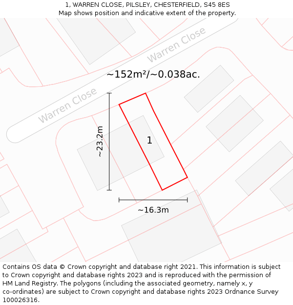 1, WARREN CLOSE, PILSLEY, CHESTERFIELD, S45 8ES: Plot and title map