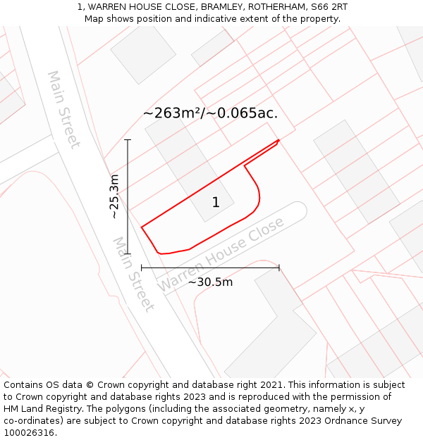 1, WARREN HOUSE CLOSE, BRAMLEY, ROTHERHAM, S66 2RT: Plot and title map