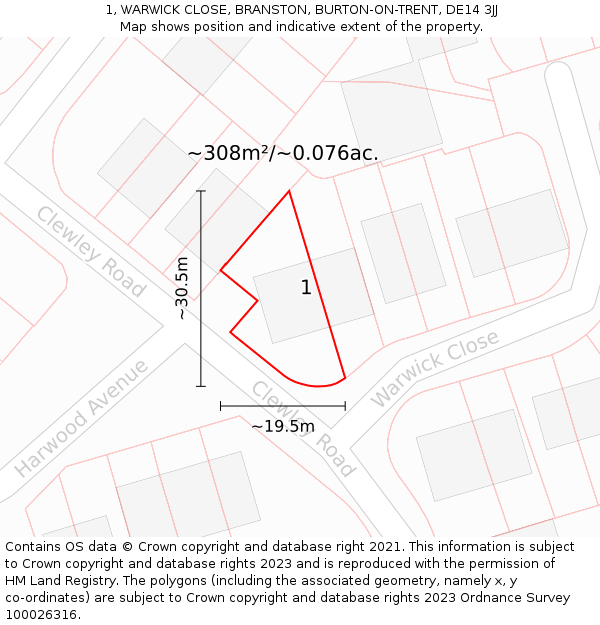 1, WARWICK CLOSE, BRANSTON, BURTON-ON-TRENT, DE14 3JJ: Plot and title map