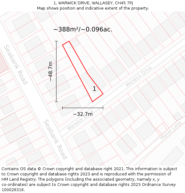 1, WARWICK DRIVE, WALLASEY, CH45 7PJ: Plot and title map