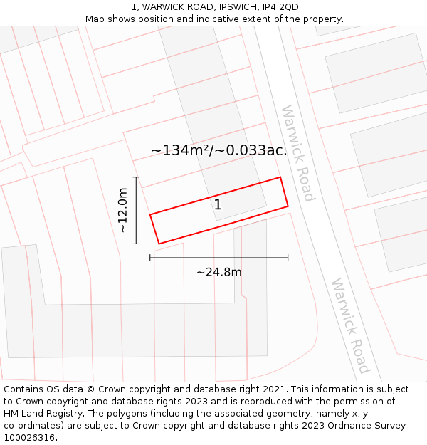 1, WARWICK ROAD, IPSWICH, IP4 2QD: Plot and title map