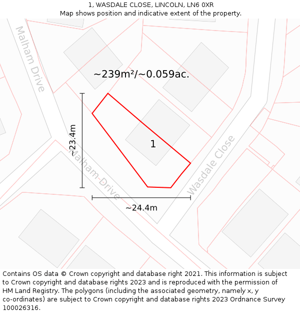 1, WASDALE CLOSE, LINCOLN, LN6 0XR: Plot and title map