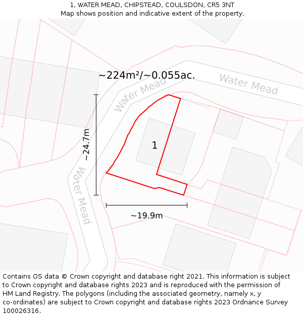 1, WATER MEAD, CHIPSTEAD, COULSDON, CR5 3NT: Plot and title map