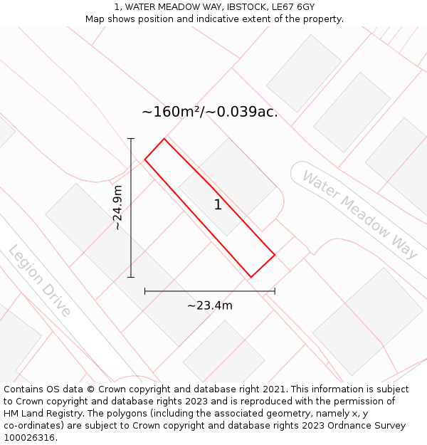 1, WATER MEADOW WAY, IBSTOCK, LE67 6GY: Plot and title map