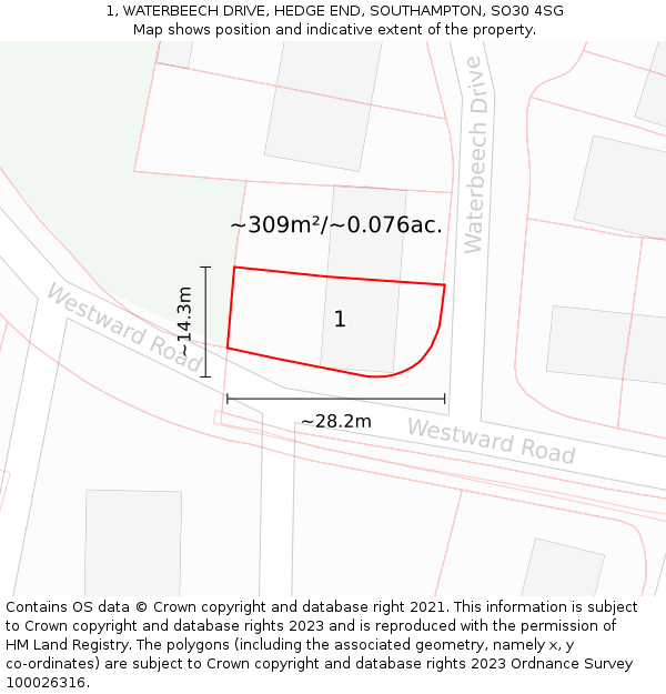 1, WATERBEECH DRIVE, HEDGE END, SOUTHAMPTON, SO30 4SG: Plot and title map