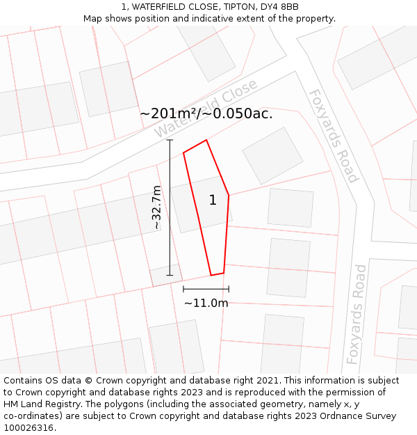 1, WATERFIELD CLOSE, TIPTON, DY4 8BB: Plot and title map