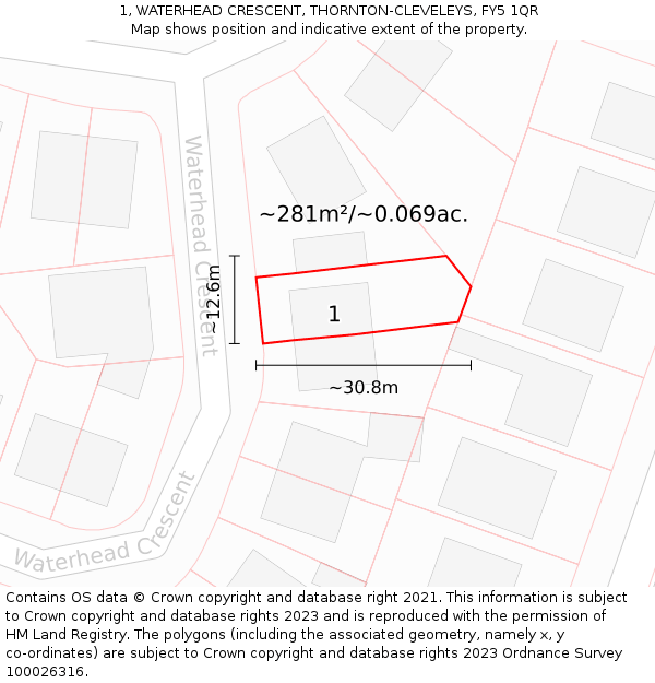1, WATERHEAD CRESCENT, THORNTON-CLEVELEYS, FY5 1QR: Plot and title map