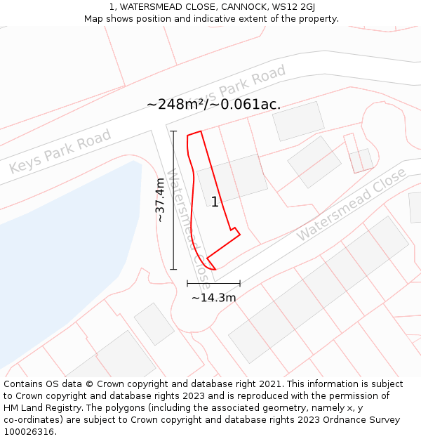 1, WATERSMEAD CLOSE, CANNOCK, WS12 2GJ: Plot and title map