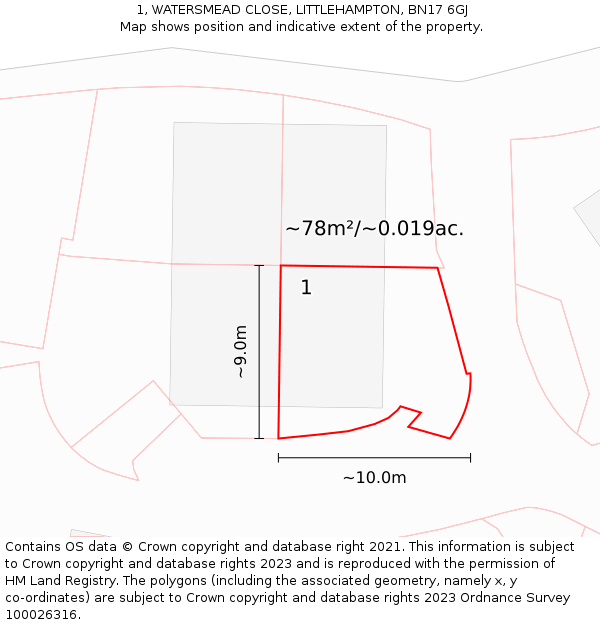 1, WATERSMEAD CLOSE, LITTLEHAMPTON, BN17 6GJ: Plot and title map