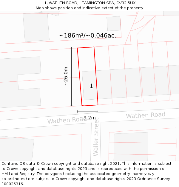 1, WATHEN ROAD, LEAMINGTON SPA, CV32 5UX: Plot and title map