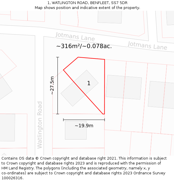 1, WATLINGTON ROAD, BENFLEET, SS7 5DR: Plot and title map