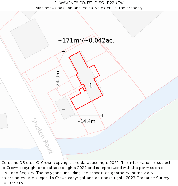 1, WAVENEY COURT, DISS, IP22 4EW: Plot and title map