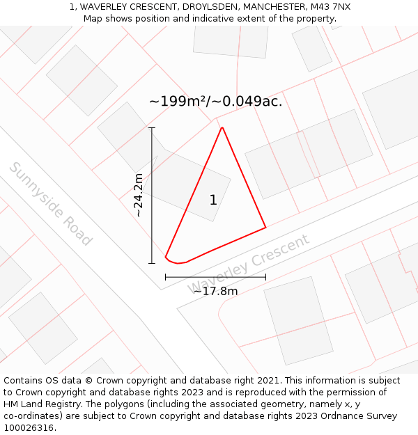 1, WAVERLEY CRESCENT, DROYLSDEN, MANCHESTER, M43 7NX: Plot and title map