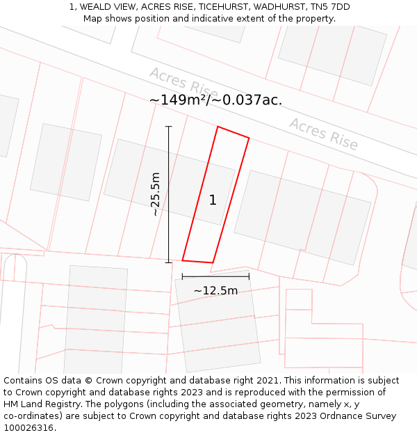 1, WEALD VIEW, ACRES RISE, TICEHURST, WADHURST, TN5 7DD: Plot and title map