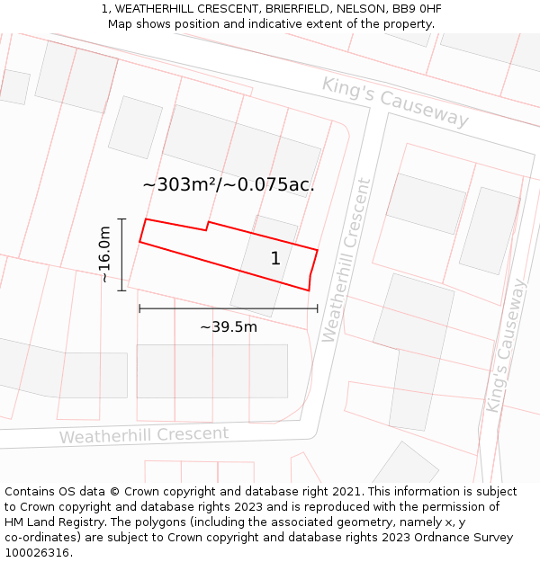 1, WEATHERHILL CRESCENT, BRIERFIELD, NELSON, BB9 0HF: Plot and title map