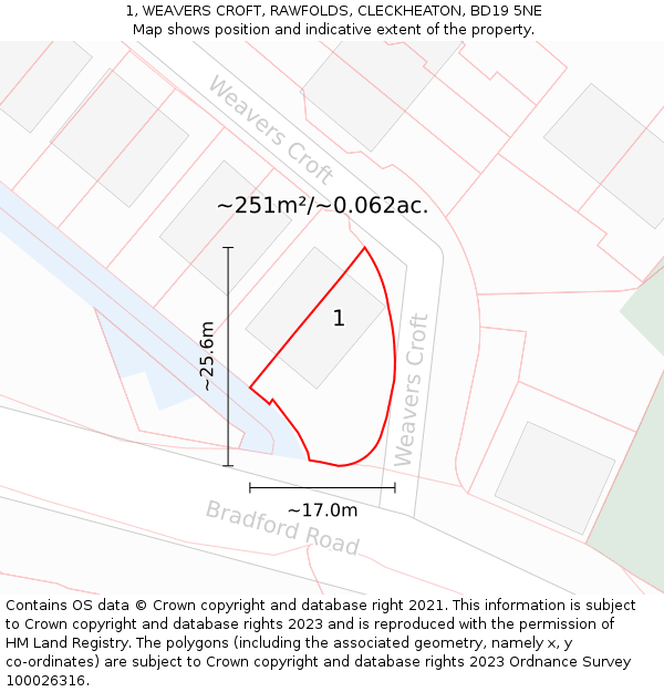 1, WEAVERS CROFT, RAWFOLDS, CLECKHEATON, BD19 5NE: Plot and title map