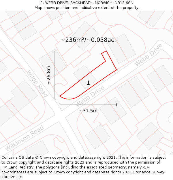 1, WEBB DRIVE, RACKHEATH, NORWICH, NR13 6SN: Plot and title map