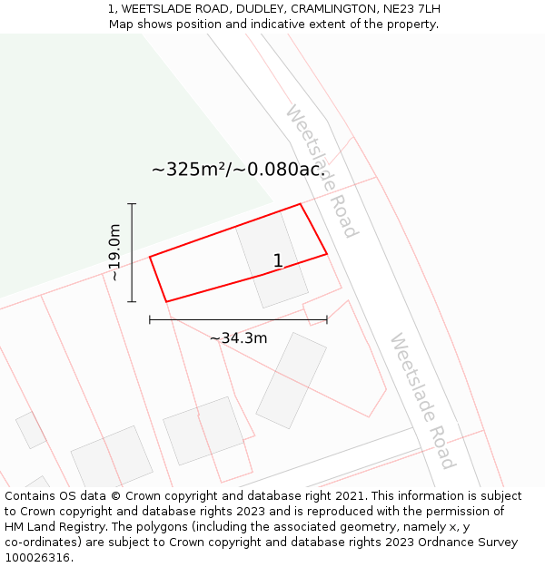 1, WEETSLADE ROAD, DUDLEY, CRAMLINGTON, NE23 7LH: Plot and title map
