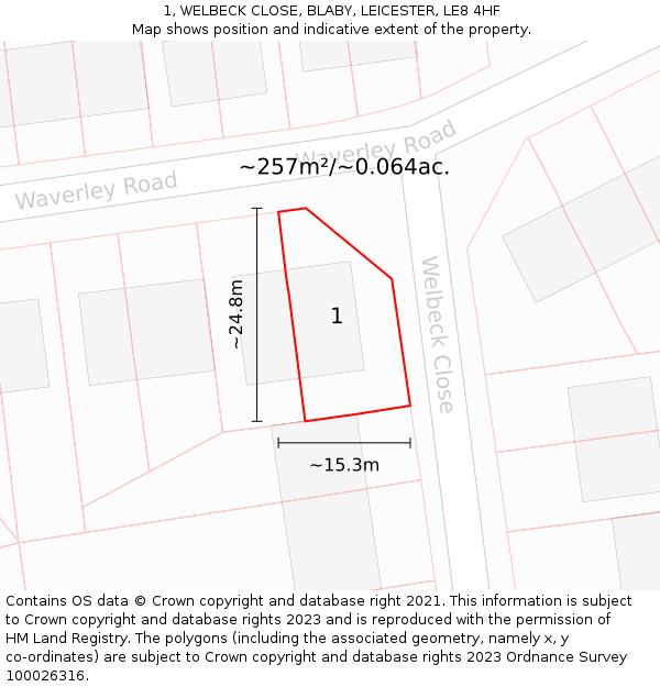 1, WELBECK CLOSE, BLABY, LEICESTER, LE8 4HF: Plot and title map
