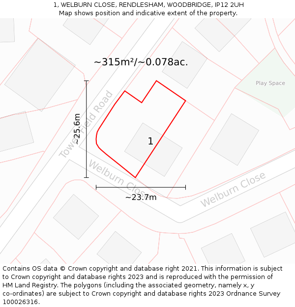 1, WELBURN CLOSE, RENDLESHAM, WOODBRIDGE, IP12 2UH: Plot and title map