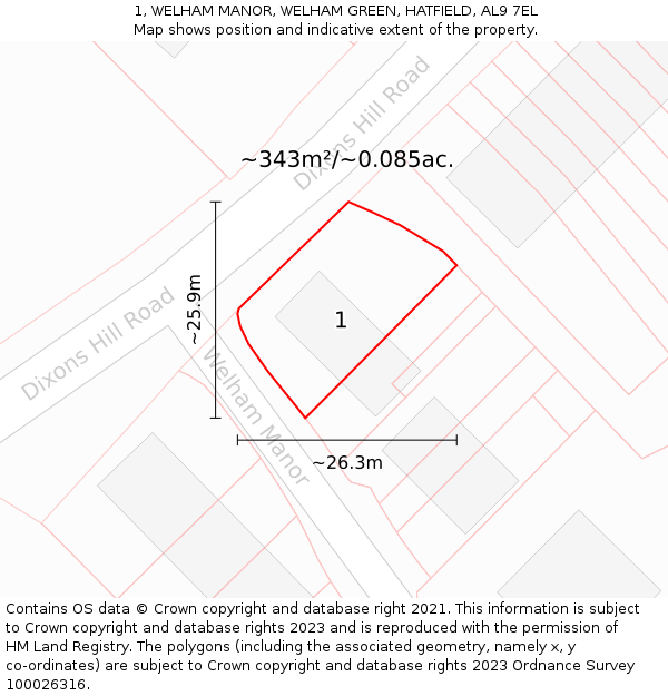 1, WELHAM MANOR, WELHAM GREEN, HATFIELD, AL9 7EL: Plot and title map