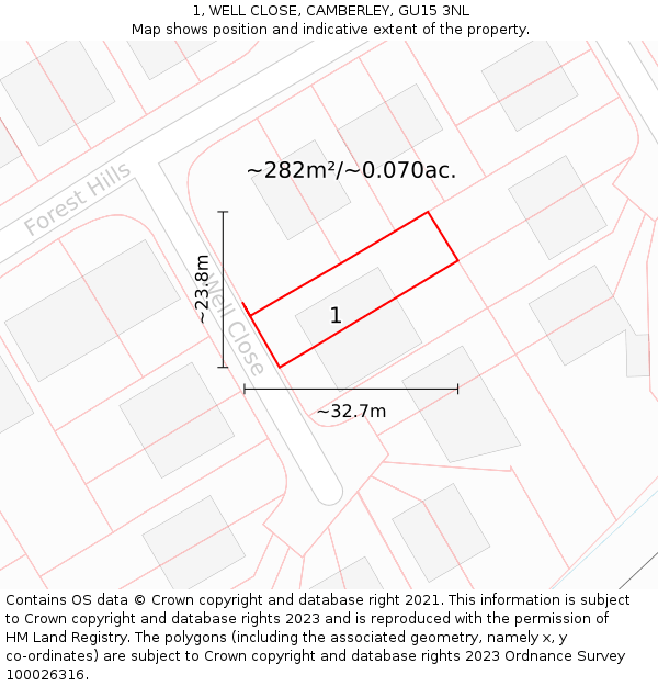 1, WELL CLOSE, CAMBERLEY, GU15 3NL: Plot and title map