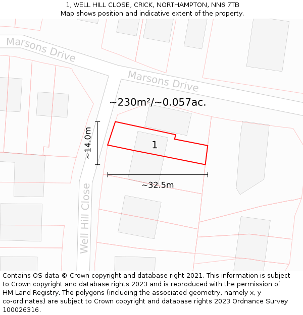 1, WELL HILL CLOSE, CRICK, NORTHAMPTON, NN6 7TB: Plot and title map