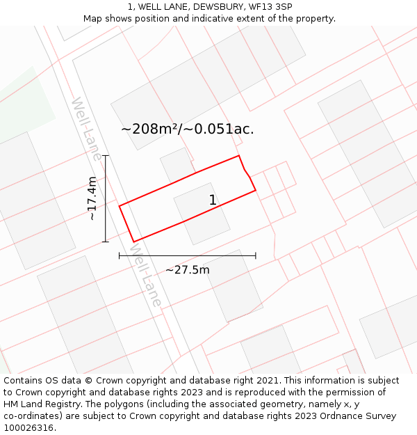1, WELL LANE, DEWSBURY, WF13 3SP: Plot and title map