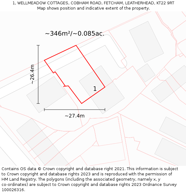 1, WELLMEADOW COTTAGES, COBHAM ROAD, FETCHAM, LEATHERHEAD, KT22 9RT: Plot and title map