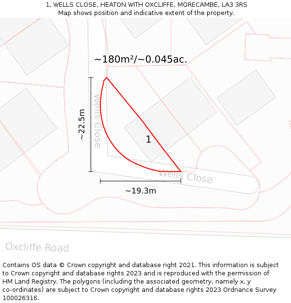 1, WELLS CLOSE, HEATON WITH OXCLIFFE, MORECAMBE, LA3 3RS: Plot and title map