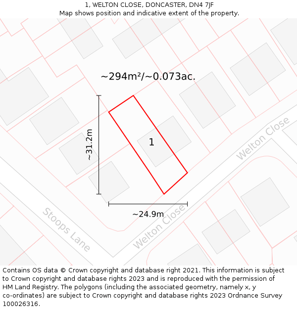 1, WELTON CLOSE, DONCASTER, DN4 7JF: Plot and title map