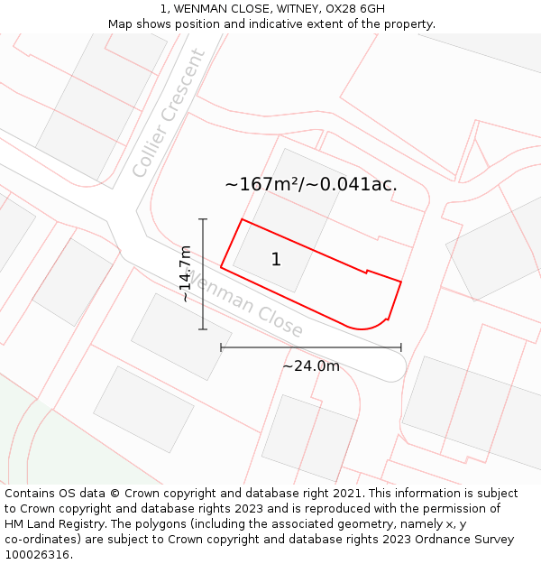 1, WENMAN CLOSE, WITNEY, OX28 6GH: Plot and title map