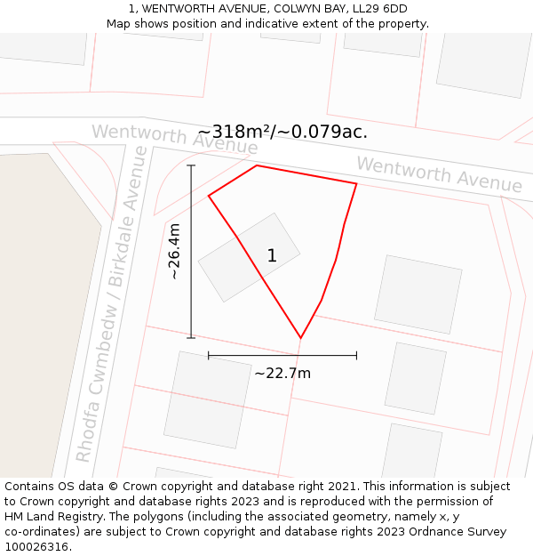 1, WENTWORTH AVENUE, COLWYN BAY, LL29 6DD: Plot and title map