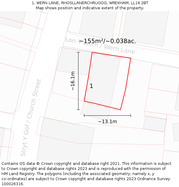 1, WERN LANE, RHOSLLANERCHRUGOG, WREXHAM, LL14 2BT: Plot and title map