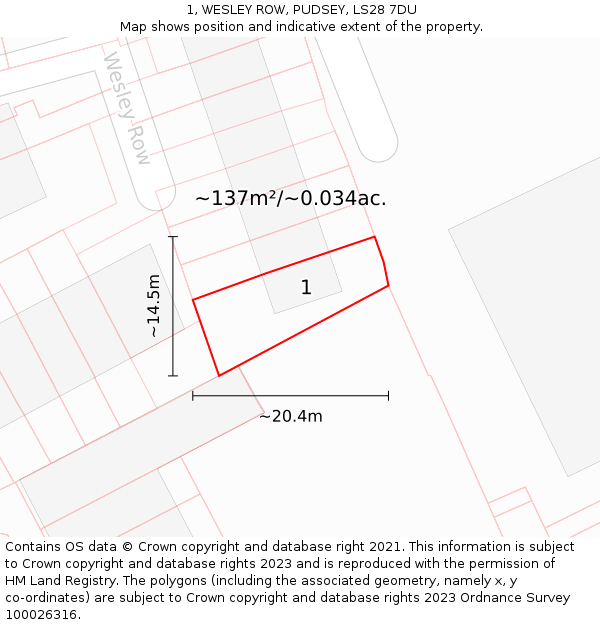 1, WESLEY ROW, PUDSEY, LS28 7DU: Plot and title map