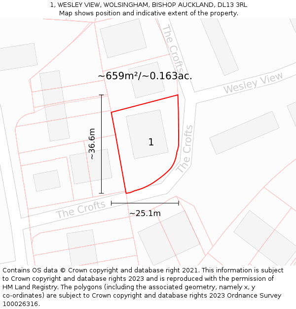 1, WESLEY VIEW, WOLSINGHAM, BISHOP AUCKLAND, DL13 3RL: Plot and title map