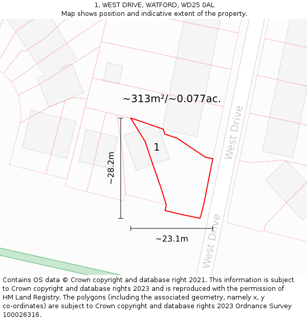 1, WEST DRIVE, WATFORD, WD25 0AL: Plot and title map