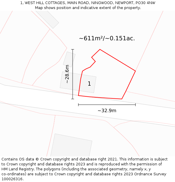 1, WEST HILL COTTAGES, MAIN ROAD, NINGWOOD, NEWPORT, PO30 4NW: Plot and title map