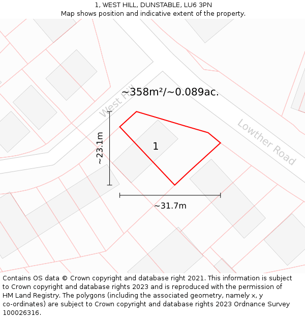 1, WEST HILL, DUNSTABLE, LU6 3PN: Plot and title map